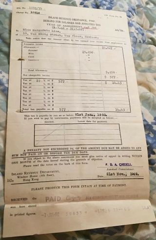 Hong Kong Inland Revenue Ordinance,  1948 Demand For Salaries And Annuities Tax
