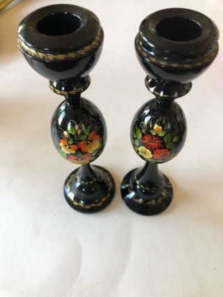 Russian Lacquered Wooden Candlestick Holders Hand Painted Floral Pair