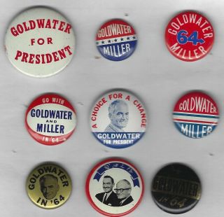 9 Different 1964 Barry Goldwater Campaign Buttons