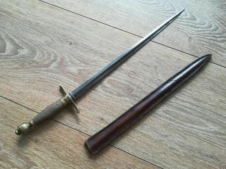 Antique 19th C.  French Stiletto Dagger Knife Short Sword Brass Handle & Sheath