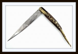 Antique Large Spanish Navaja Knife Dagger With Engraved Blade & Horn Grips.
