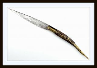 Antique Large Spanish NAVAJA Knife Dagger with Engraved Blade & Horn Grips. 2