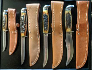 CASE XX 1976 SET OF (4) FIXED BLADE KNIFES W/ SHEATH STAG 2
