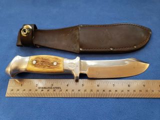 R.  H.  Ruana 95 Mp Knife,  M Stamp,  Elk Antler Handle,  Leather Sheath