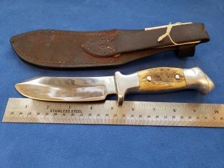 R.  H.  Ruana 95 MP Knife,  M stamp,  elk antler handle,  Leather Sheath 2