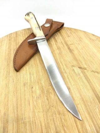 Custom Hazen Drop Point Fixed Blade Knife 11 1/4 " W/ Leather Sheath - Stag