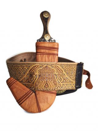 Vintage Jambiya Khanjar Dagger Knife Arab Yemen Carved Handle Leathe With Belt