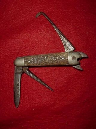 Old Antique Hhh O.  Barnett Tool Co.  Plier Knife Bone Handle Multi Tool 4 1/4 "