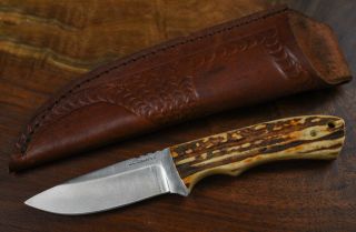 Custom Vintage Jl Chaffee Fixed Blade Red Stag Horn Knife Leather Sheath 7.  5 "