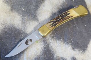 2001 BUCK 110 folding KNIFE Stag Handle/Scales Deer Head Cutout 2