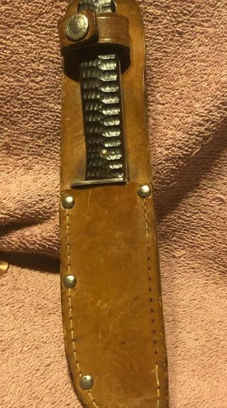 Vintage Olcut Union Cut.  Co.  Olean Ny Jigged Bone Hunting Knife With Sheath