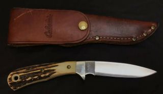 Cabelas Bone Handle Stainless Steel Knife With Leather Belt Loop Sheathe