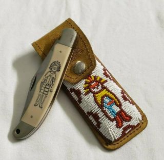 Schrade Usa Vintage Kachina Scrimshaw Lockback Folding Knife With Beaded Sheath