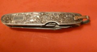 Vintage 1950 ' s Japanese Oriental Sterling Silver ENGRAVED Handle Pocket Knife 2