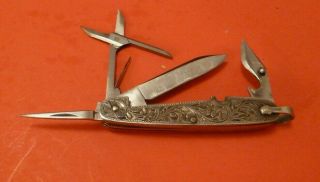 Vintage 1950 ' s Japanese Oriental Sterling Silver ENGRAVED Handle Pocket Knife 3