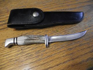 Modified Buck Knife 118 With Elk Antler Handle Two Line 1967 - 1972 With Sheath