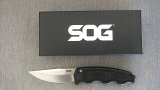 Sog Tac Knife 3.  5 " Clip Point Satin Blade Aus - 8 Black Aluminum Handle