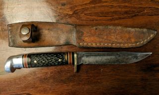 Western 648a Jigged Delrin Handle Vtg Fixed Blade Hunting Knife Leather Sheath