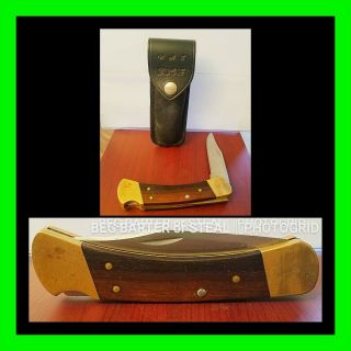 Vintage 3 Dot Buck 110 Folding Hunter Knife 1980 - 81 Wood Handle & Leather Sheath