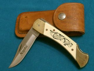 Vintage Schrade Usa Sc507 Bears Cub Scrimshaw Folding Hunter Bowie Knife Sheath