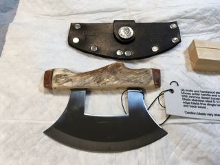 Ulu Knife & Stand Sharp,  Moose Antler Handle Leather Sheath Knife Guy Estate
