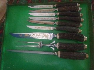 Set Of 9 Anton Wingen Solingen Germany Hand Carved Stag Handle Steak Knives