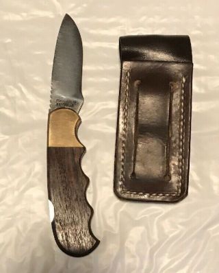 Vintage Gerber Folding Knife With Wood And Brass Handle Leather Sheath 97223