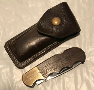 Vintage Gerber Folding Knife With Wood And Brass Handle Leather Sheath 97223 2