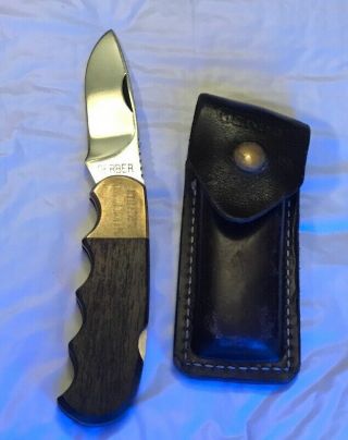 Vintage Gerber Folding Knife With Wood And Brass Handle Leather Sheath 97223 3
