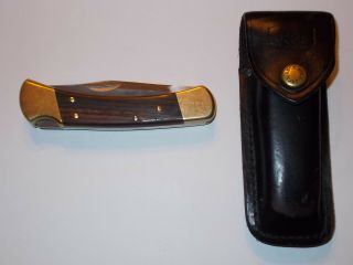 Vintage Buck 110 Folding Knife With Sheath - - Wood Grain