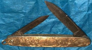 Antique 10k Gold 19.  6 Gram Dual Blade Folding Pocket Knife Stamped July 20,  1915