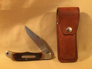 Vtg Large Schrade 1250t Old Timer Lockblade Hunting Knife & Leather Sheath