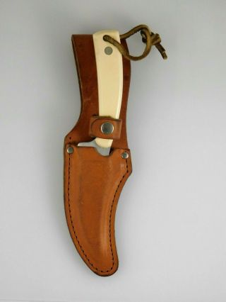 Vintage Schrade Scrimshaw Sc205 Hunting Knife With Leather Sheath