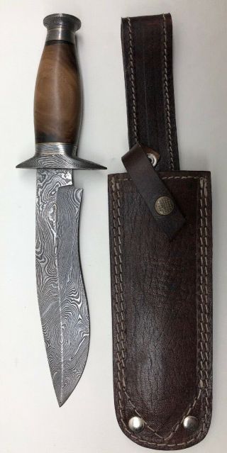 Damascus Steel Walnut Handle Full Tang Bowie Knife With Leather Case