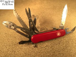 3 - 1/4 " Closed Wenger Delemont Switzerland Serrated Lock Blade Knife Red 9 Tools