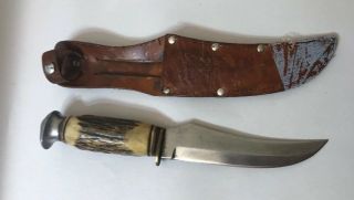 Vtg Sword & Shield Solingen Germany Buffalo Skinner Fixed Blande Knife Sheath