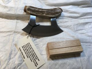 Ulu Knife & Stand Sharp Moose Antler Handle Leather Sheath Real 1937 Nickel Snap