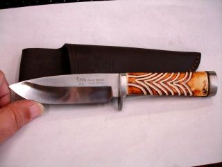 Hen & Rooster Carved Bovine Bone Drop Point Skinner Hunting Knife With Sheath