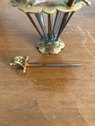 12 Miniature Vintage Toledo Spain Cocktail Tooth Picks Brass Metal Swords Holder 3