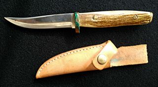 Handmade Hunting Knife With Stag Antler Handle And Leather Sheath