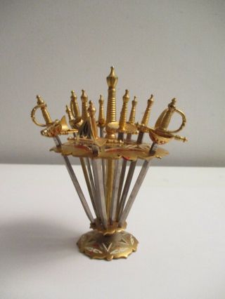 12 Miniature Vintage Toledo Spain Cocktail Tooth Picks Brass Metal Swords Holder