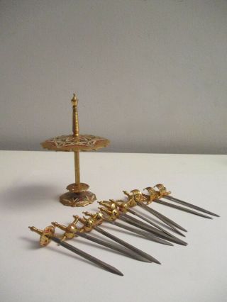 12 Miniature Vintage Toledo Spain Cocktail Tooth Picks Brass Metal Swords Holder 2