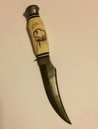 Vintage Buffalo Skinner Knife Solingen Germany Detailed Bone Handle - 9 "