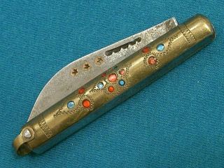 Vintage Chinese Tibetain Engraved Brass Folding Knife Pocket Watch Fob Knives Ec