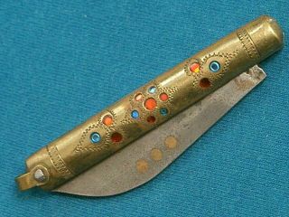 VINTAGE CHINESE TIBETAIN ENGRAVED BRASS FOLDING KNIFE POCKET WATCH FOB KNIVES EC 3