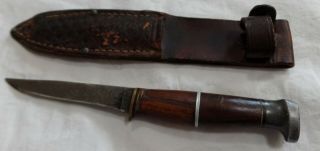 Vintage Ll Bean Wood Handle 7 1/2 " Fixed Blade Knife & Leather Sheath,  Usa