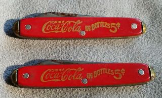 (x 2) Vintage Drink Coca Cola Coke In Bottles 5 Cents Usa Folding Pocket Knives
