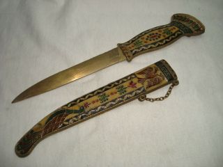 Russia Vintage Cloisonne Enameled Brass Knife Dagger Byzantine Eagle Peacock 3