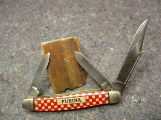 Vintage Pocket Knife/3 Bl/kutmaster Pocket Knife/ " Purina " Checkerboard Scales/
